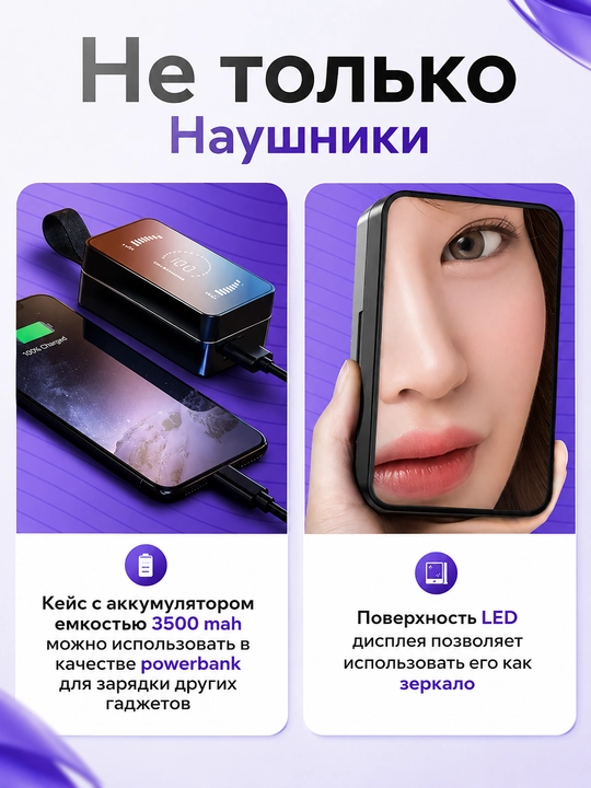 Power Bank funksiyasiga ega simsiz quloqchinlar, LED displeyli g'ilof