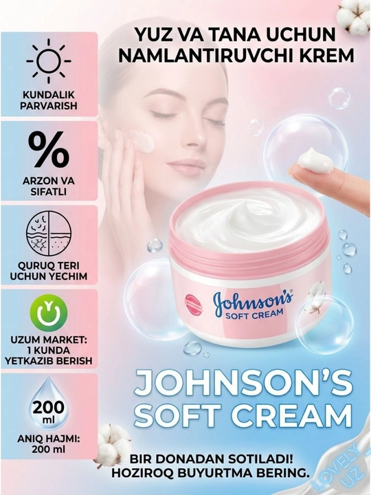 Johnsons 24 hour namlantiruvchi kremi, terini parvarish qilish va yuzni namlash uchun universal krem