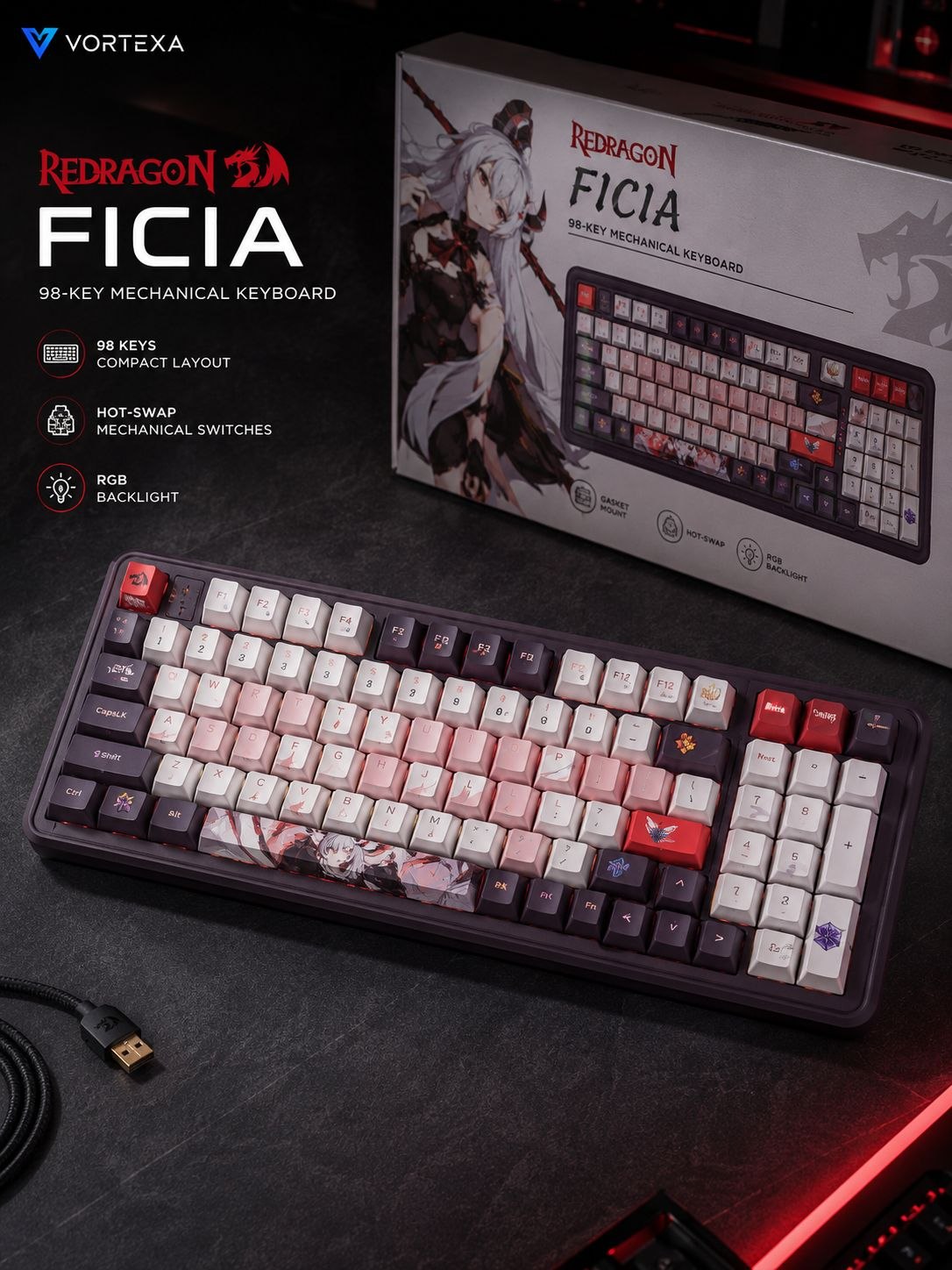 Механическая игровая клавиатура Redragon Ficia, 98 клавиш, RGB, Hot-Swap - 