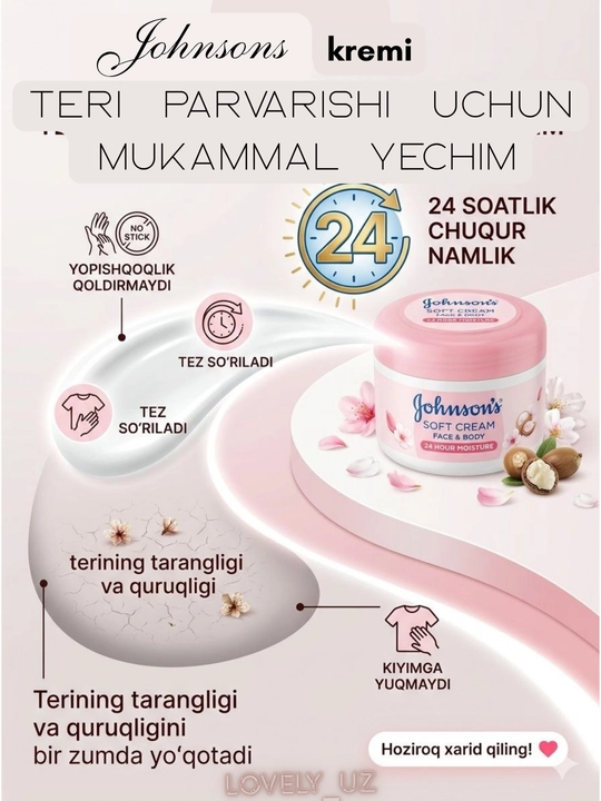 Johnsons 24 hour namlantiruvchi kremi, terini parvarish qilish va yuzni namlash uchun universal krem