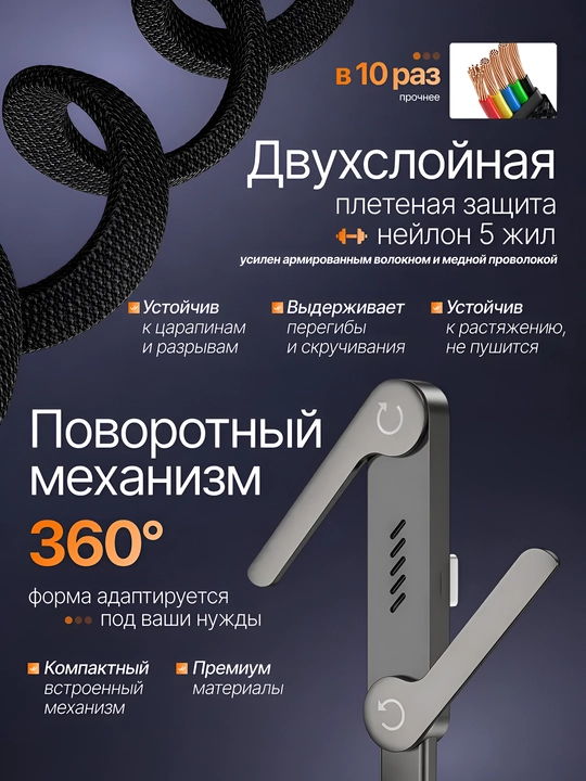 Кабель Type-C - Type-C со встроенной складной подставкой 240W, быстрая зарядка, 1.5 м