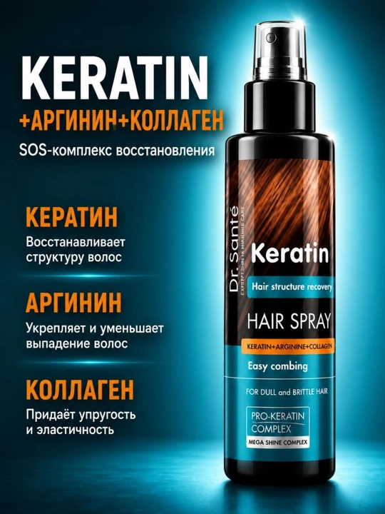 Спрей для волос, восстанавливающий, Keratin Hair, Dr.Sante, 150 мл