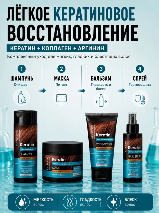 Спрей для волос, восстанавливающий, Keratin Hair, Dr.Sante, 150 мл