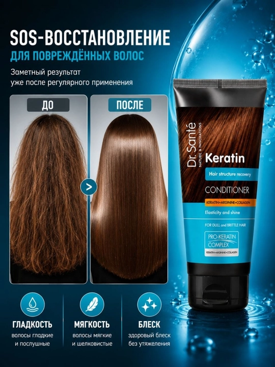 Бальзам для волос Dr.Sante Keratin, для тусклых и ломких волос, кератин + коллаген, 200 мл