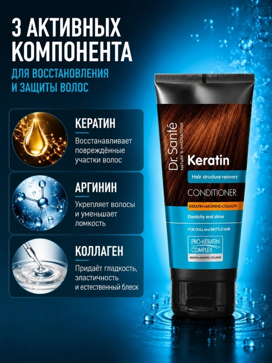 Бальзам для волос Dr.Sante Keratin, для тусклых и ломких волос, кератин + коллаген, 200 мл