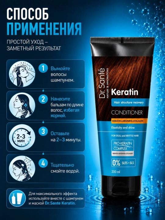 Бальзам для волос Dr.Sante Keratin, для тусклых и ломких волос, кератин + коллаген, 200 мл