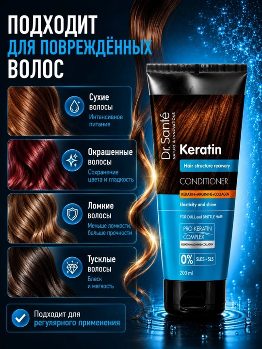 Бальзам для волос Dr.Sante Keratin, для тусклых и ломких волос, кератин + коллаген, 200 мл