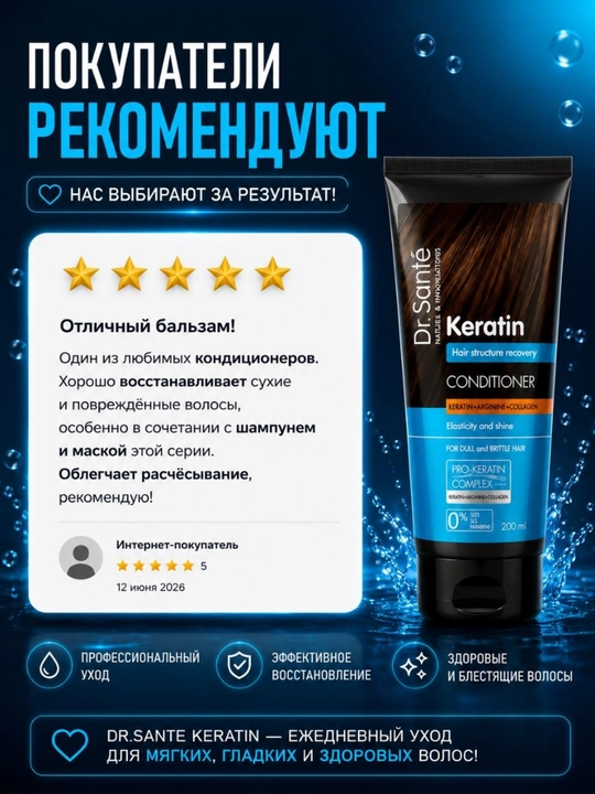 Бальзам для волос Dr.Sante Keratin, для тусклых и ломких волос, кератин + коллаген, 200 мл