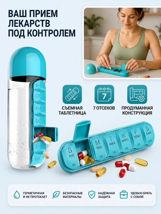 Бутылка для воды с таблетницей органайзер для таблеток на неделю 600 мл для витаминов