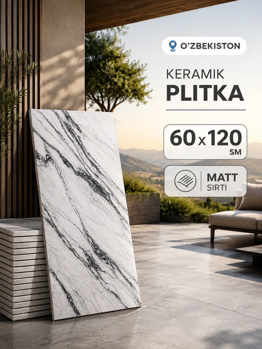 Керамическая плитка 60×120 см под белый мрамор, матовая поверхность - 