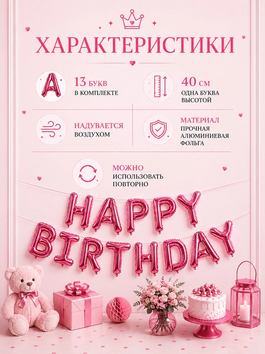 Tug‘ilgan kuningiz bilan, "Happy Birthday" harfli sharlar, fotozona uchun to‘plam
