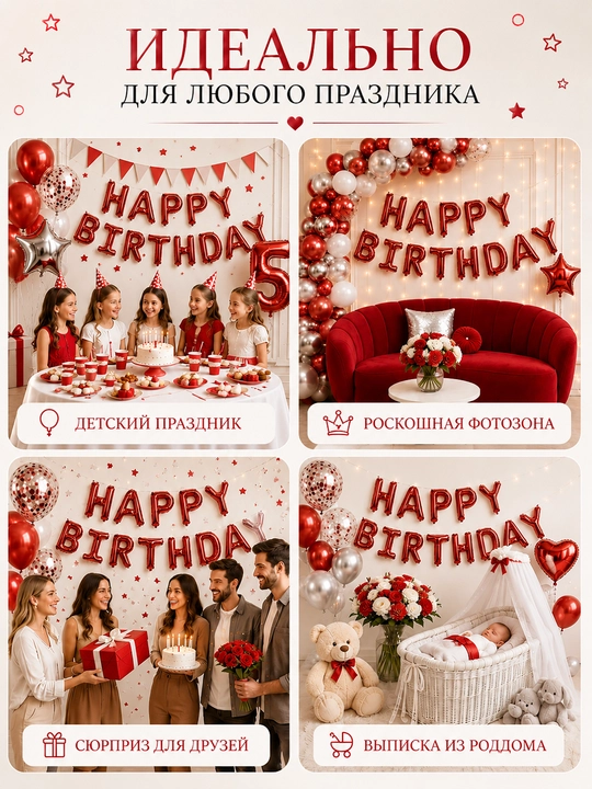 Tug‘ilgan kuningiz bilan, "Happy Birthday" harfli sharlar, fotozona uchun to‘plam