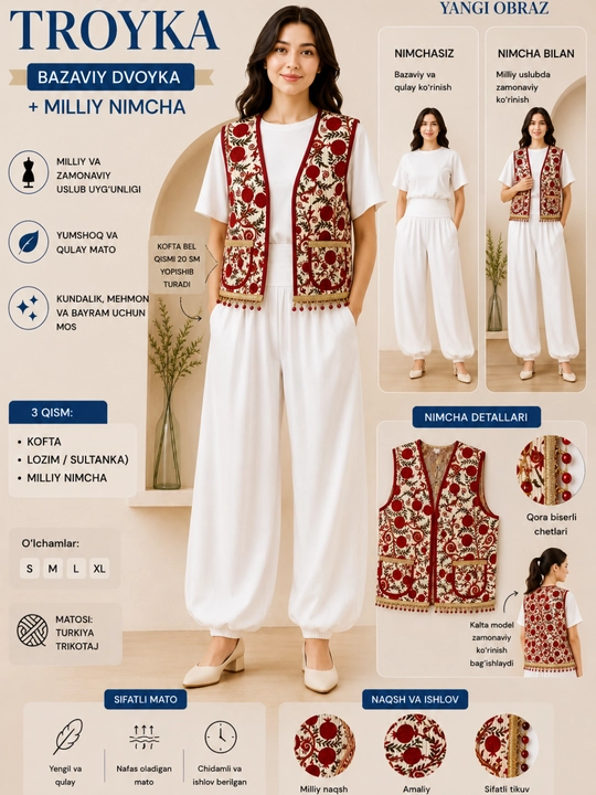 Bazaviy troyka, ayollar kostyumi, milliy nimcha, sultanka, trikotaj, oversize