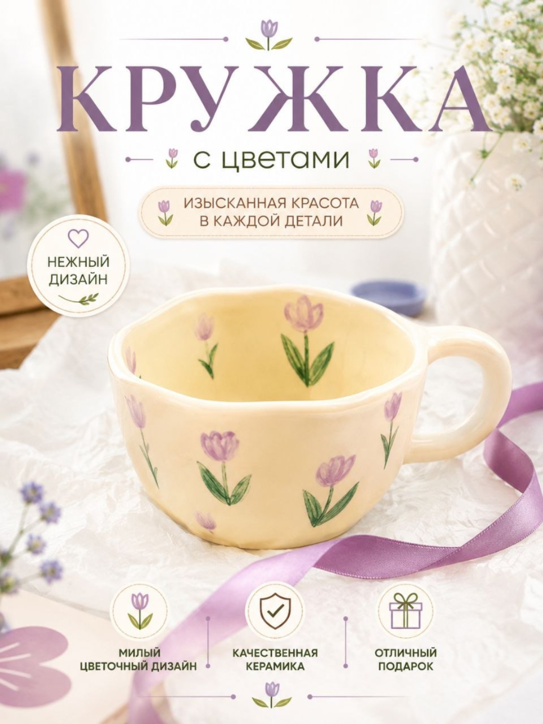 Sopol choy krujkasi, nafis pushti finjon, sovg‘a qadahi, 330 ml, qoshiq bilan - 
