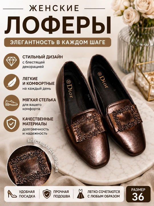 Dior 36 o‘lchamli ayollar loferlari, bronza rangli, bezakli to‘qali, kundalik - 