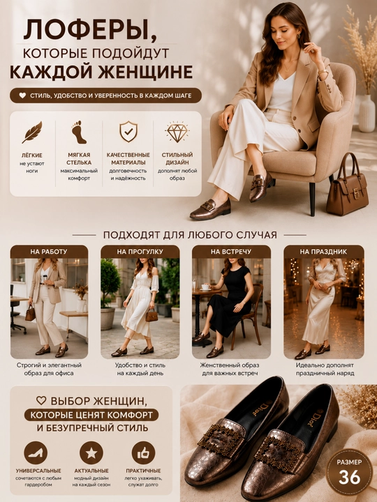 Dior 36 o‘lchamli ayollar loferlari, bronza rangli, bezakli to‘qali, kundalik