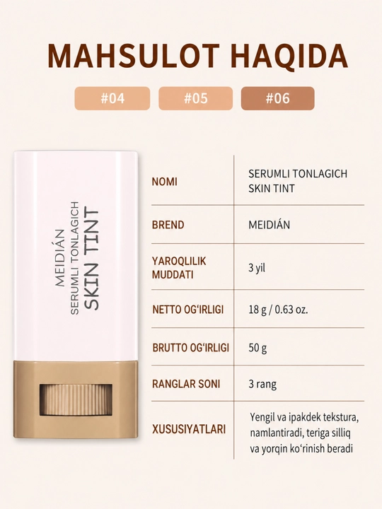 MEIDIÁN Serumli Tonal Krem-Stik — Tabiiy Qoplama, Namlantiruvchi Formula, 18 g