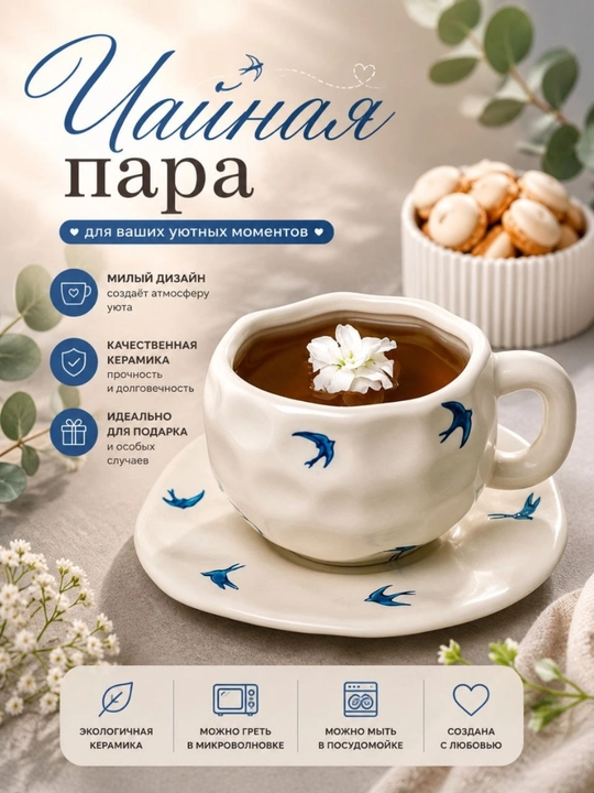 Sopol choy idishi, likopchali piyola, dekorativ dizayn - 