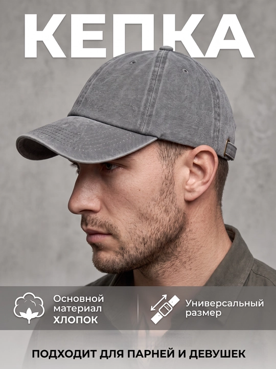 Кепка Бейсболка хлопковая варёная винтажная унисекс, летняя кепка 56-60 см мужская женская