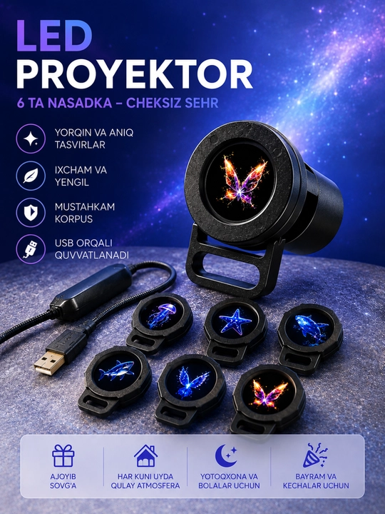 Proyektor LED tungi chiroq ,6 slayd va USB kabel|Uy uchun sehrli proyeksiyalar - 