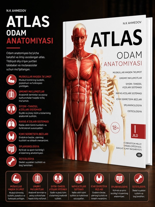N.K. Ahmedovning Anatomiya Atlasi, 2 tonna, A4, qattiq muqovali, 255 bet, 2018 - 