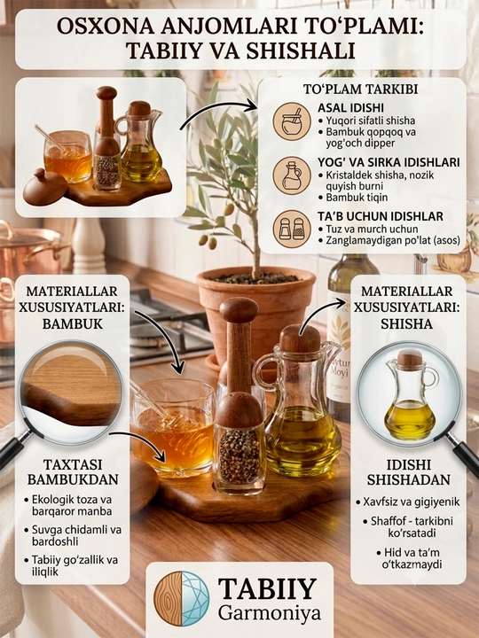 Shisha va bambukdan tayyorlangan yog‘ va ziravorlar to‘plami