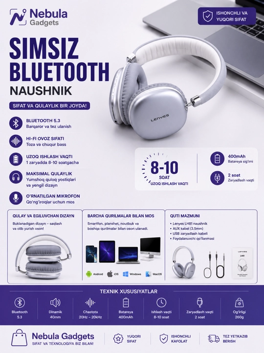 Беспроводные Bluetooth наушники LENYES LH81 White, Hi-Fi Stereo, с микрофоном, складные - 
