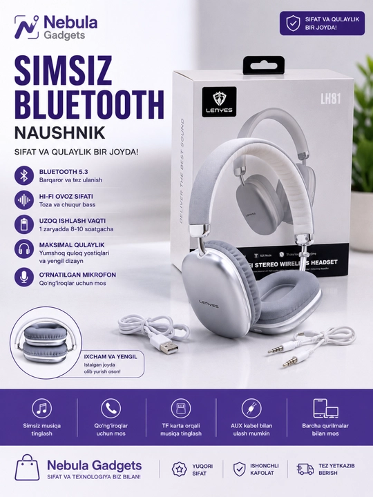 Bluetooth naushnik LENYES LH81 White simsiz quloqchin, Hi-Fi stereo, mikrofonli