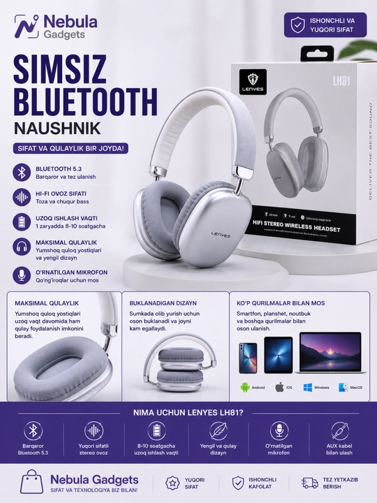 Bluetooth naushnik LENYES LH81 White simsiz quloqchin, Hi-Fi stereo, mikrofonli