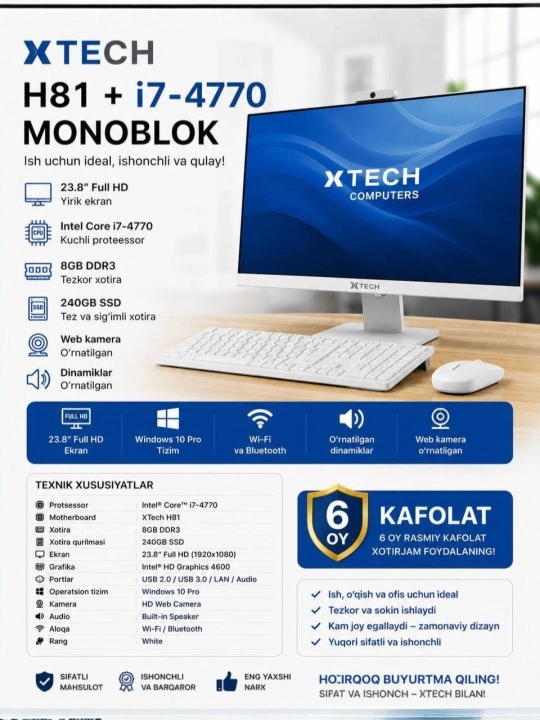 Xtech monoblok H81,24 duymli, i7, 8GB, SSD120,240,512, Windows10, klaviatura va sichqoncha