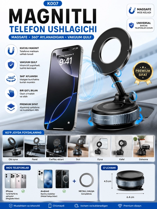 Magnitli avtomobil telefon ushlagichi MagSafe, vakuumli, 360° aylanuvchi K007 - 