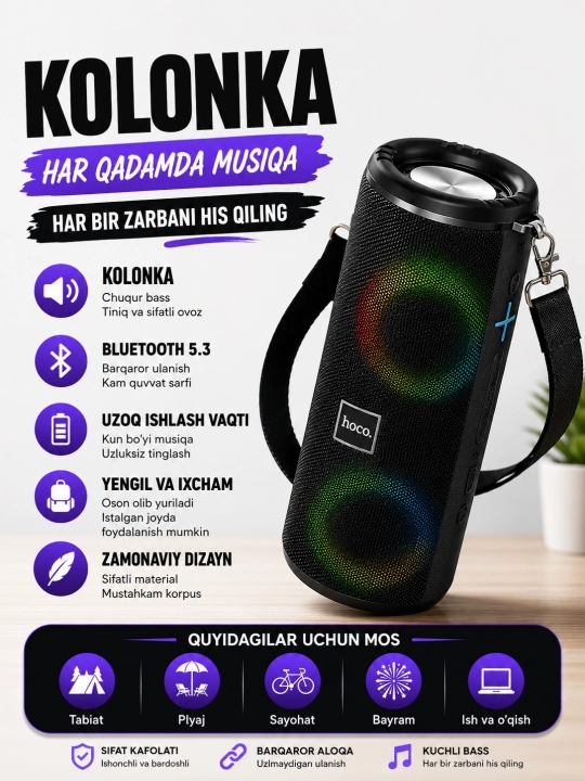 Hoco HC16 portativ Bluetooth kolonkasi — RGB yoritgich va Bluetooth 5.3 texnologiyasiga ega - 