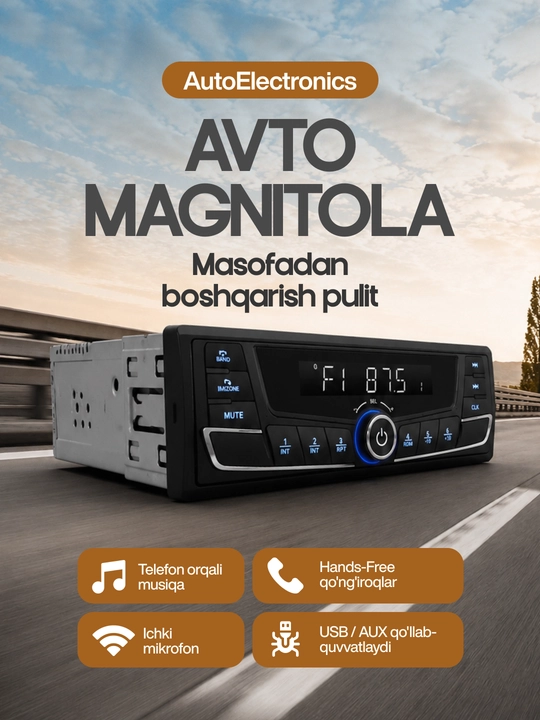 Avtomagnitola 1DIN Bluetooth USB AUX FM-radio pultli - 