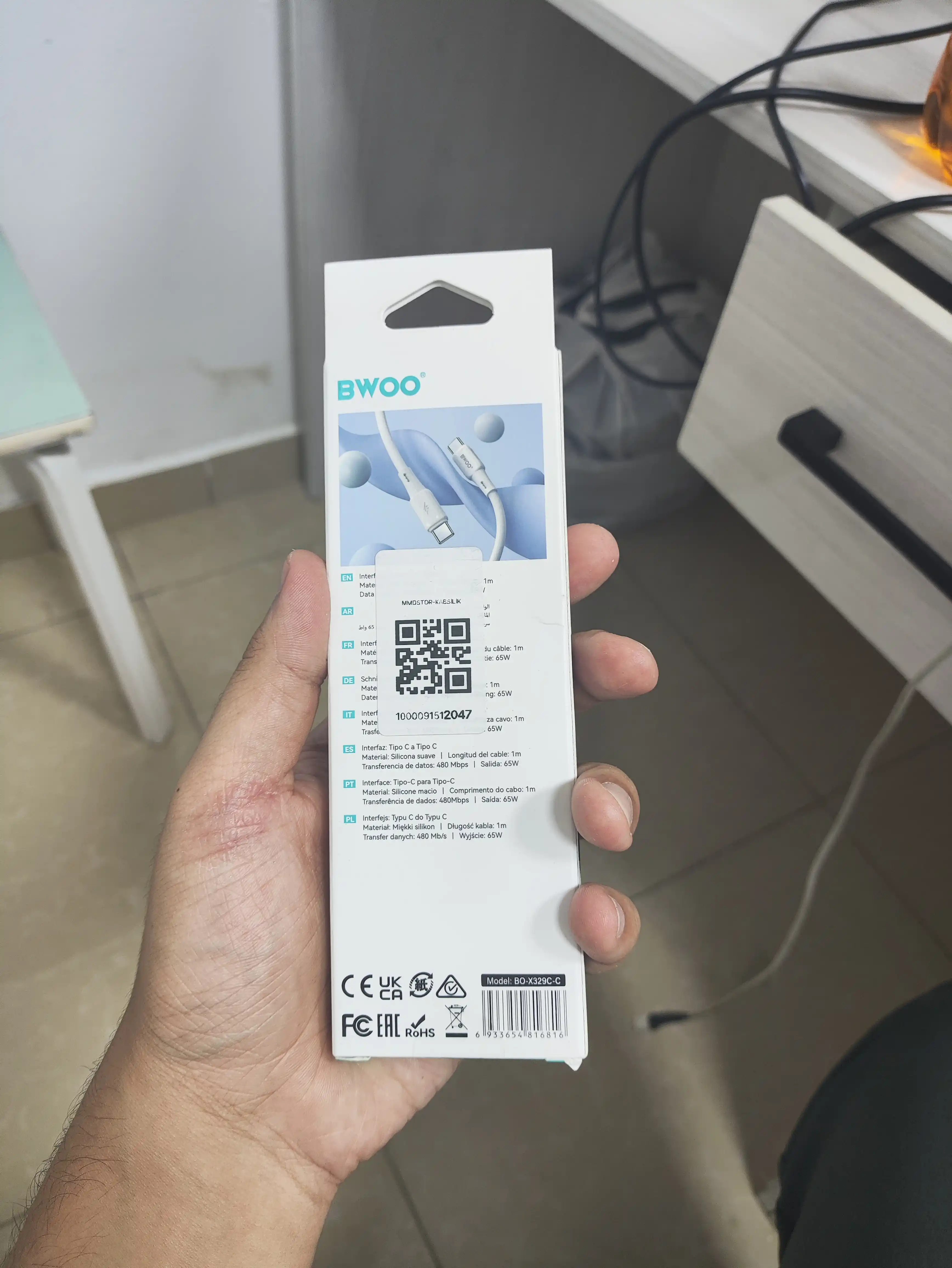 BWOO BO-X329C Type-C dan Type-C gacha kabeli 65W, 1 m, PD, silikon, tezkor zaryadlash