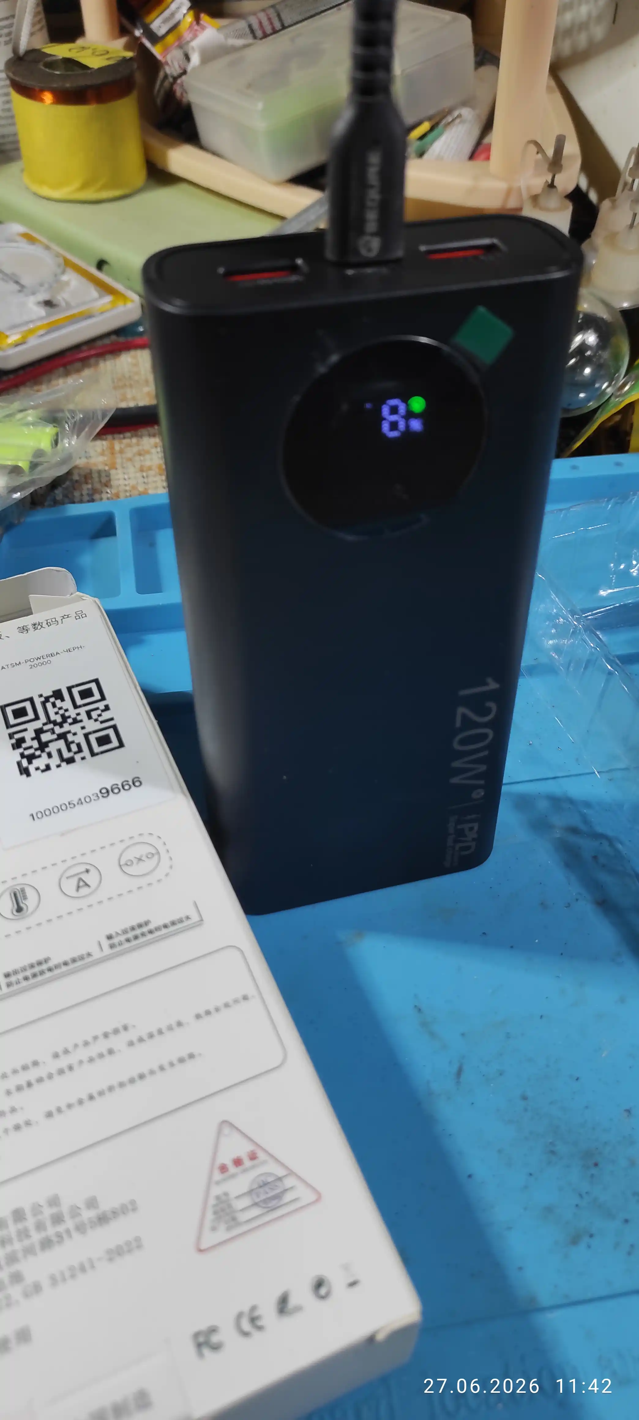 Power Bank 30000 mAh, qora rang, tashqi batareya, portativ zaryadlovchi, USB‑A, USB‑C