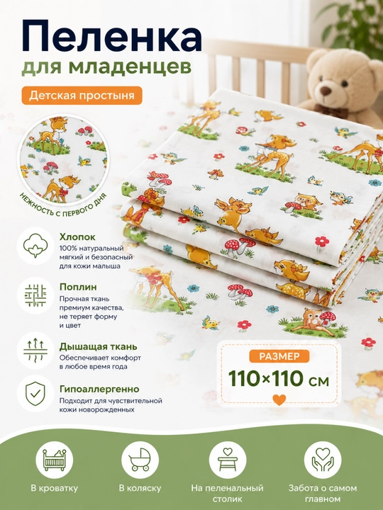 Пелёнка для новорождённых, детская простыня, поплин, 100% хлопок, 110×110 см