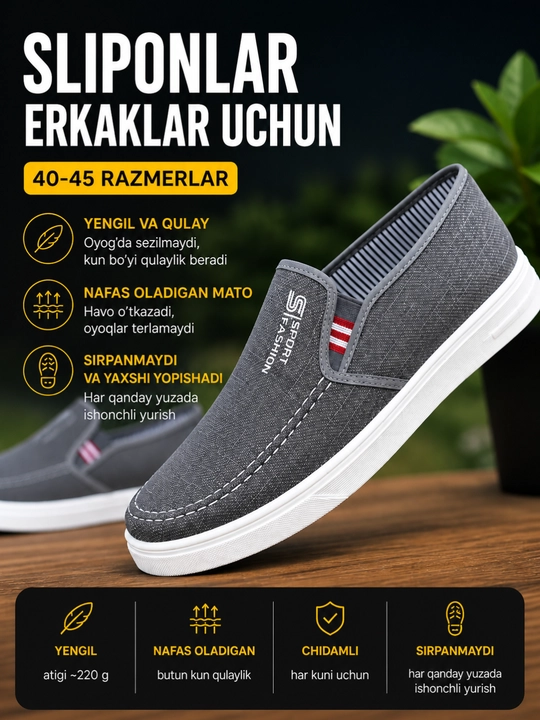 Sliponlar erkaklar uchun, maktab va kundalik uchun yengil oyoq kiyim, 40–45