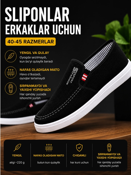 Sliponlar erkaklar uchun, maktab va kundalik uchun yengil oyoq kiyim, 40–45