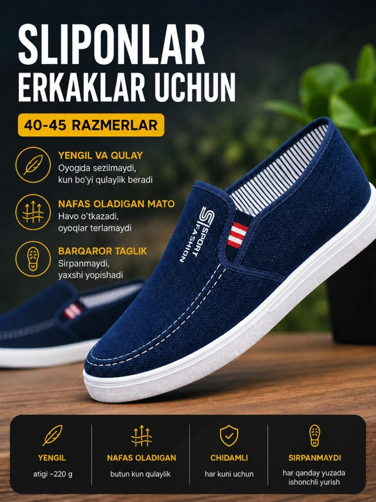Sliponlar erkaklar uchun, maktab va kundalik uchun yengil oyoq kiyim, 40–45