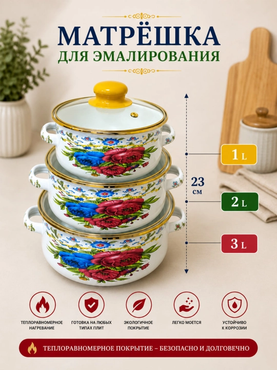 Набор эмалированных кастрюль 3 предмета, подходит для всех типов плит - 