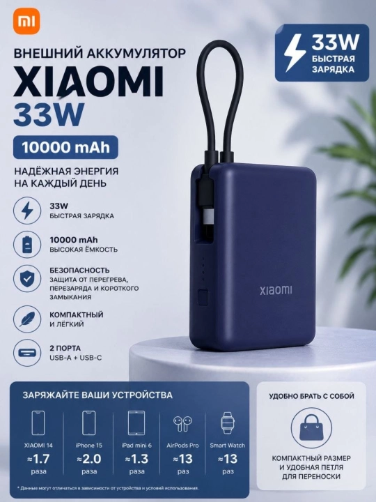 Tashqi akkumulyatori , Power Bank 100000 mAh , USB zaryadlovchi , 22.5W, tezkor quvvat