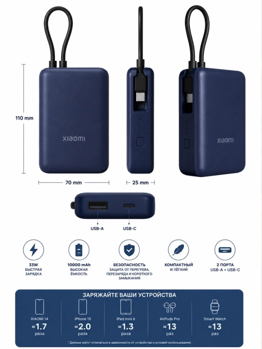 Tashqi akkumulyatori , Power Bank 100000 mAh , USB zaryadlovchi , 22.5W, tezkor quvvat