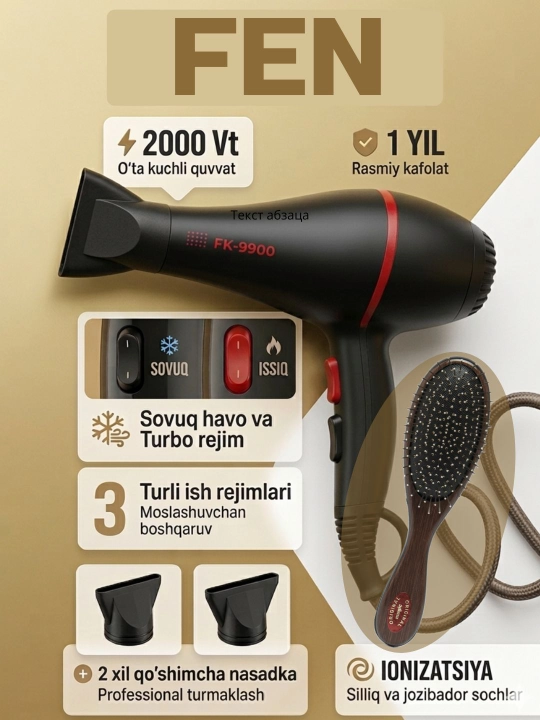 Soch quritish va parvarishlash uchun FaKang ION FK-9900 fen - 