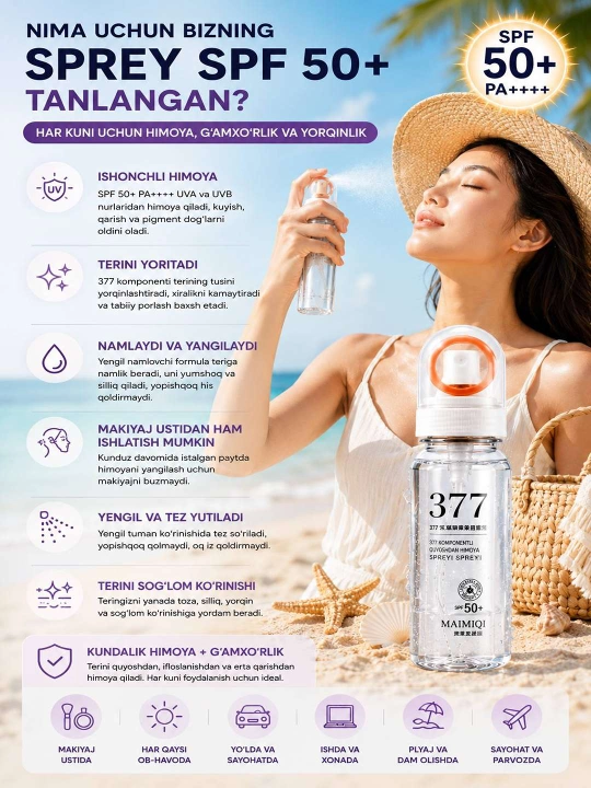 SPF 50+ yuz uchun quyoshdan himoya spreyi, UV himoya mist 377, namlantiruvchi SPF spray - 