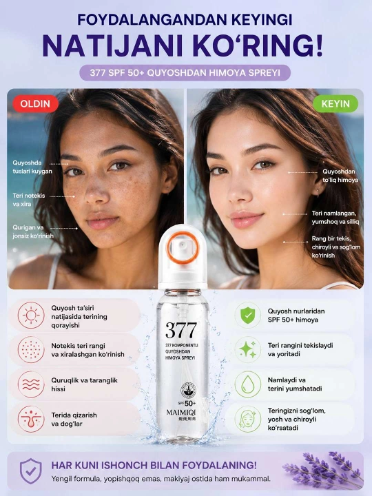 SPF 50+ yuz uchun quyoshdan himoya spreyi, UV himoya mist 377, namlantiruvchi SPF spray