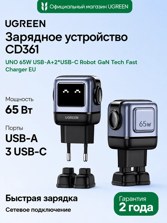 Сетевое зарядное устройство в виде робота UGREEN UNO CD361 (25685B) 65W USB-A+2*USB-C GaN - 
