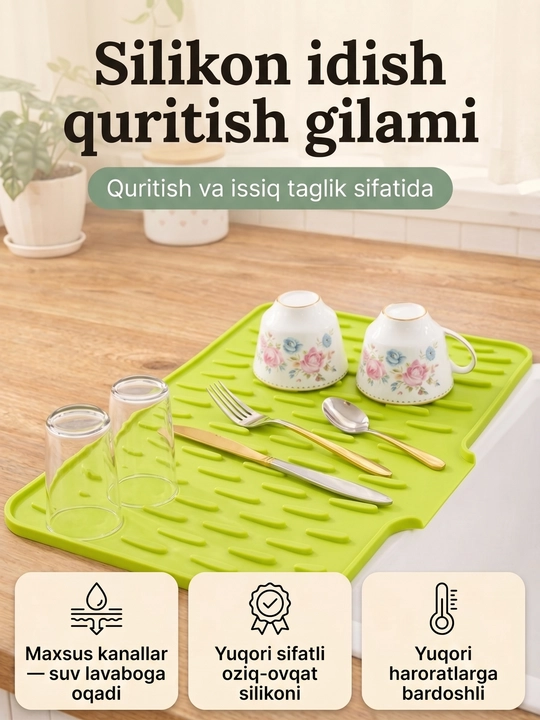 Idish yuvish va quritish uchun oshxona silikon gilamchasi, issiq idishlar uchun taglik - 