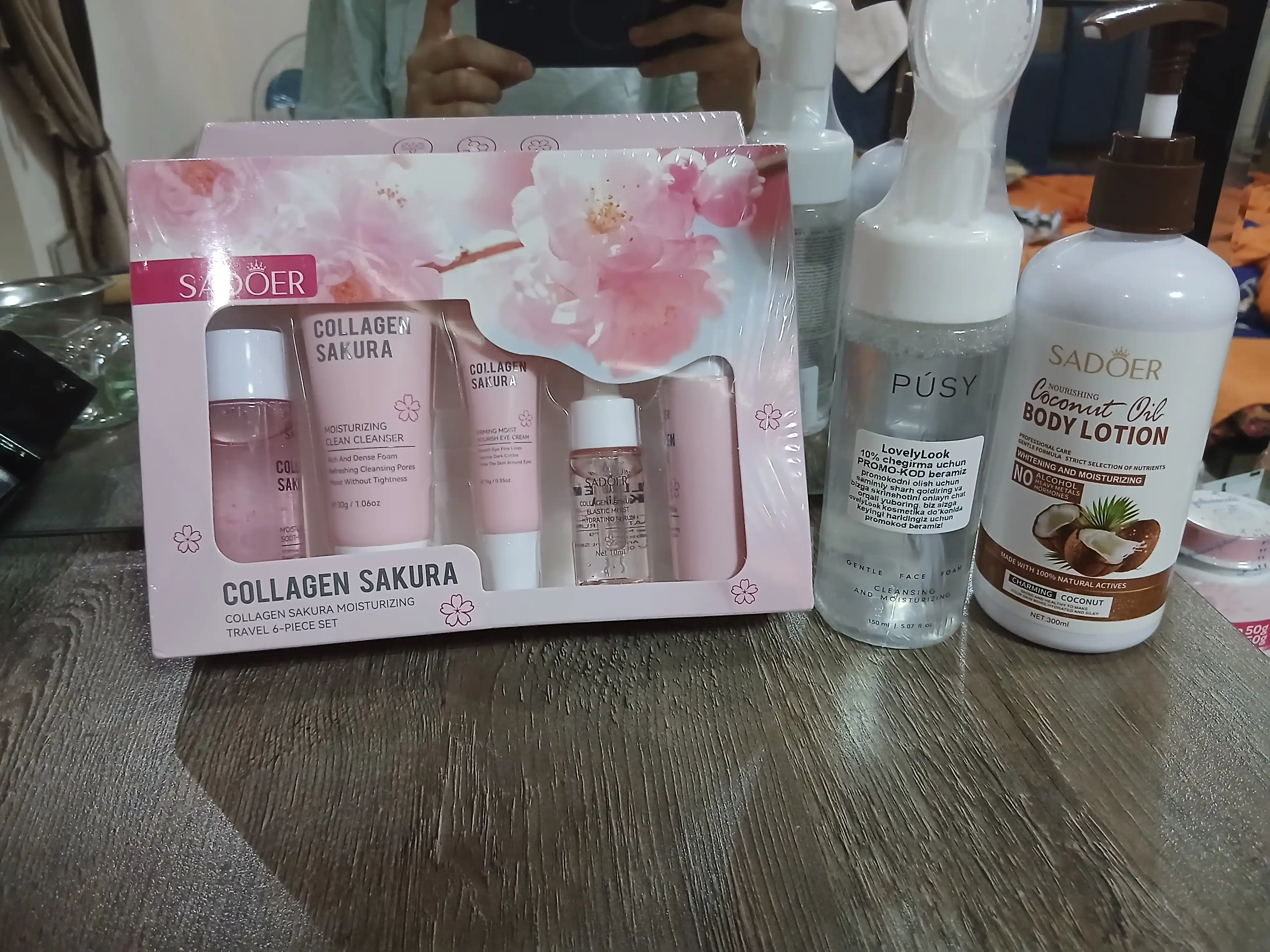 SADOER Collagen Sakura yuz parvarishi to‘plami 6 dona, kollagen va sakura ekstrakti bilan