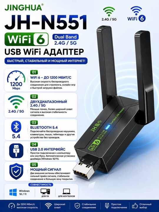 USB WiFi адаптер JH N550 JH-N551 (WiFi 6 + Bluetooth 5.4)