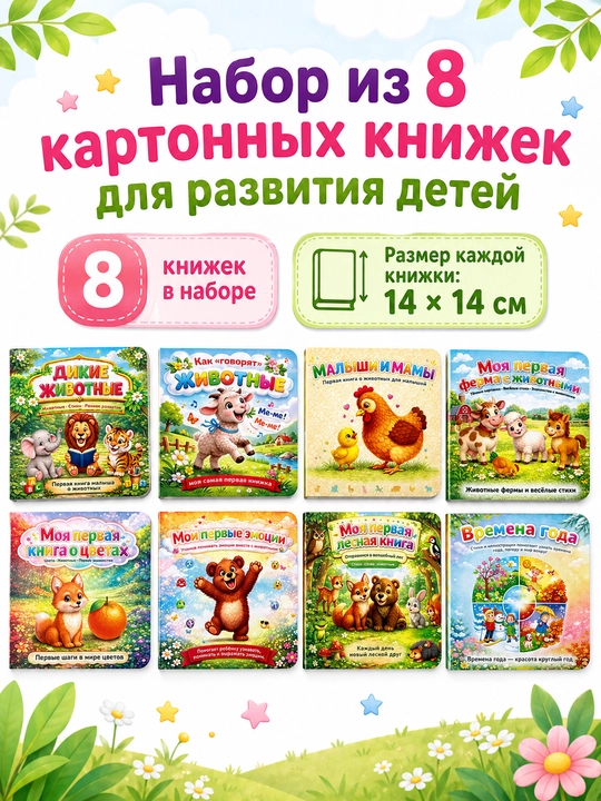 Набор из 8 картонных книжек для малышей, развивающие книги 14×14 см - 